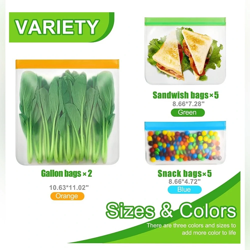 New! 12 Pack Reusable Food Storage Bags BPA Free Double Zipper Leakproof Freezer